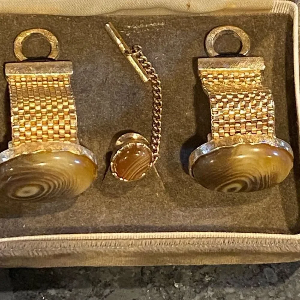 Vintage Dante Cuff Links Tie Tack Gold Tone Agate Look with Box